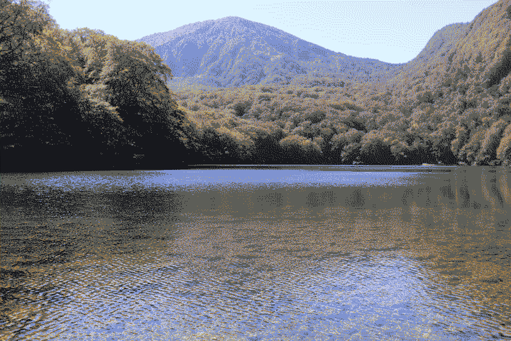 clear lake view, with mountain in background, pixelated thumbnail