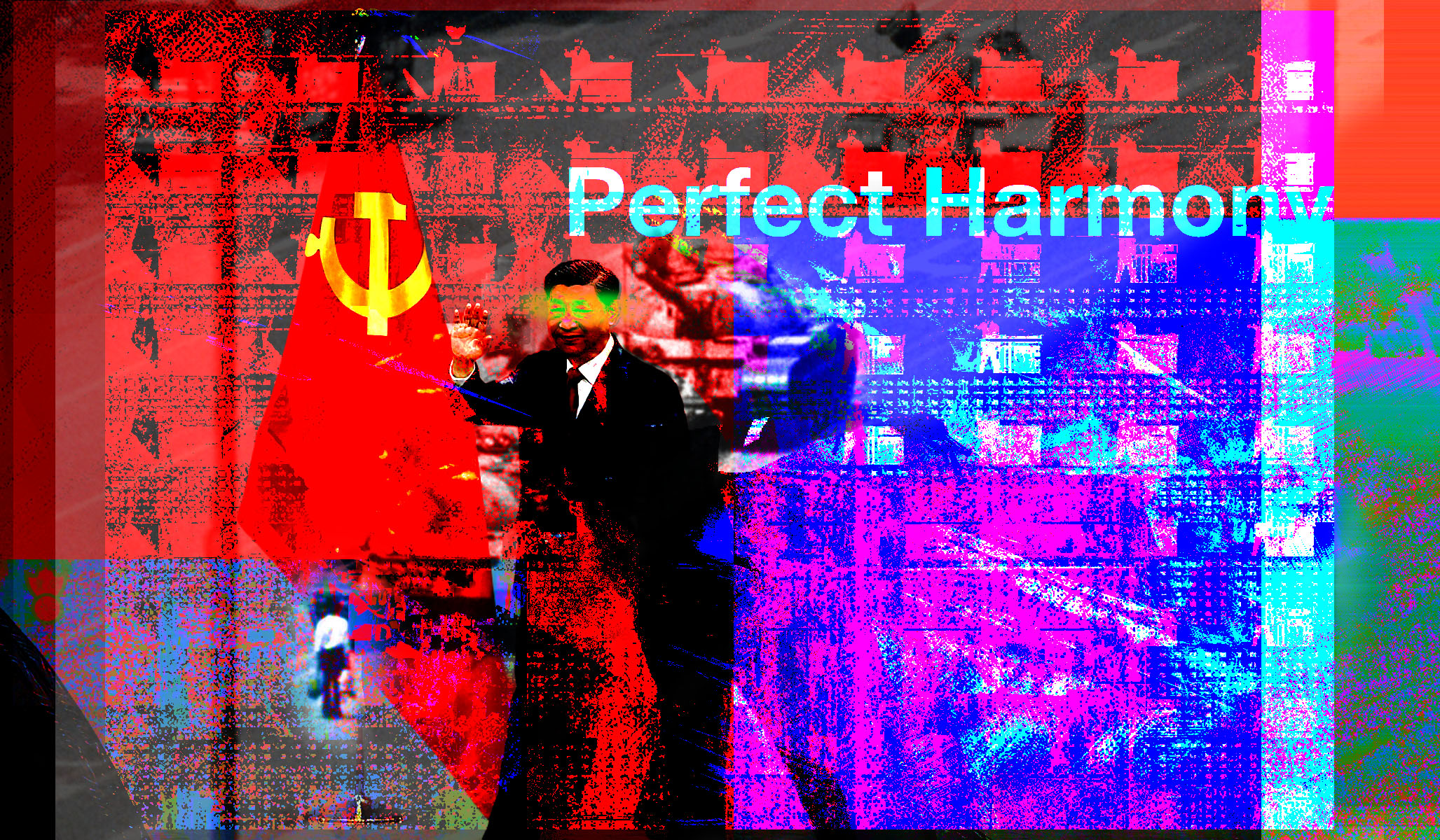 Photo collage, xi Jinping standing in front of flag, man stopped tanks in tienanmen square, unidentifiable images, glitch effects, words perfect harmony written in top right corner