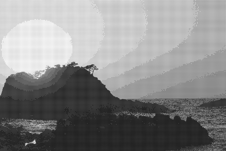 clear sunset over a rock in the ocean, Fukui Japan, pixelated thumbnail